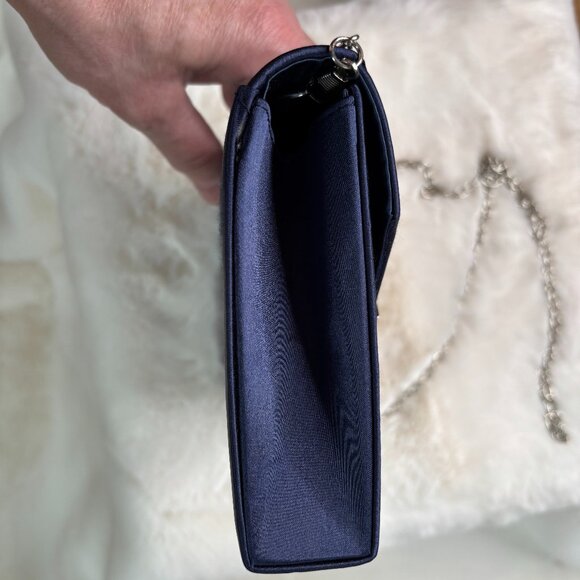 La Regale Crisscross Navy Blue Satin Structured Envelope (Clutch/ Shoulder Bag/ - Picture 8 of 16